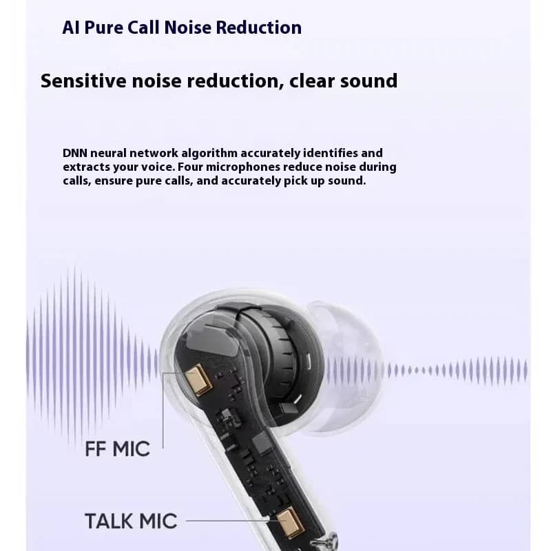 Realme Buds T200 ANC Verde: auricular intraural con ANC, cuatro micrófonos FF y Talk, diseño transparente que muestra componentes internos y punta de silicona