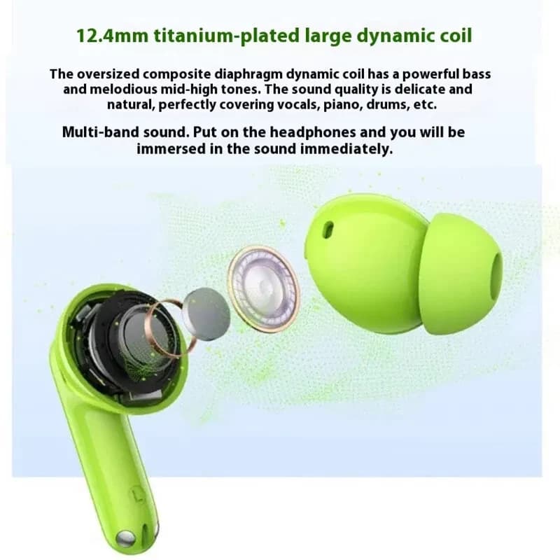 Realme Buds T200 ANC Verde: auricular intrauditivo verde lima con driver dinámico de 12.4 mm, almohadilla de silicona y despiece que muestra bobina y diafragma