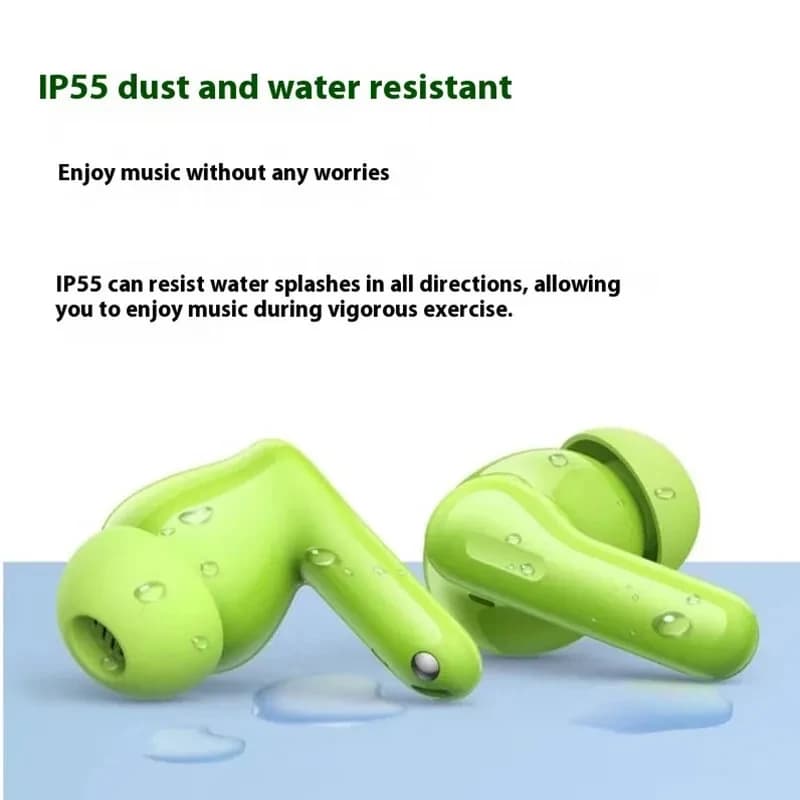 Realme Buds T200 ANC Verde con acabado mate, color verde lima, diseño in-ear con vástago corto y resistencia al agua IP55 con gotas visibles