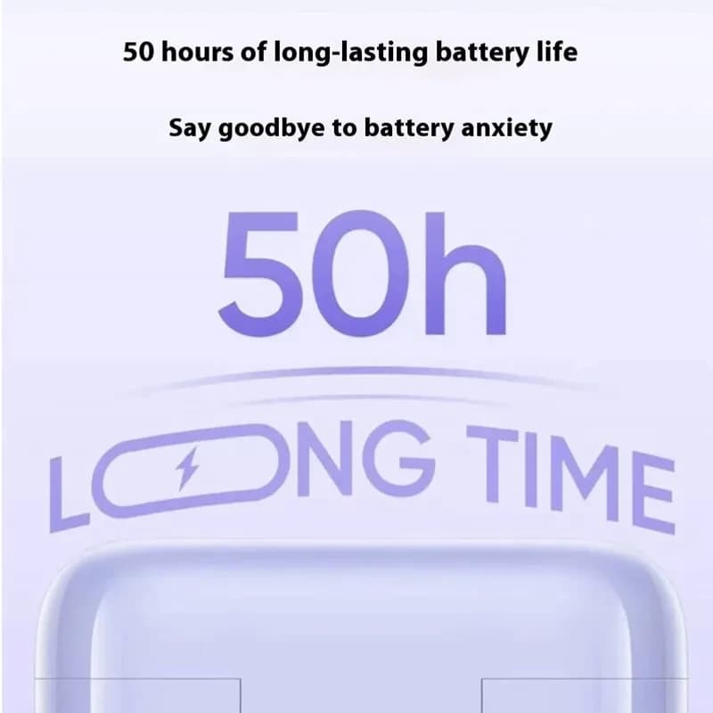 Texto promocional 50h long time en tono lila, destaca 50 horas de batería prolongada para Realme Buds T200 ANC Verde, adiós a la ansiedad por batería