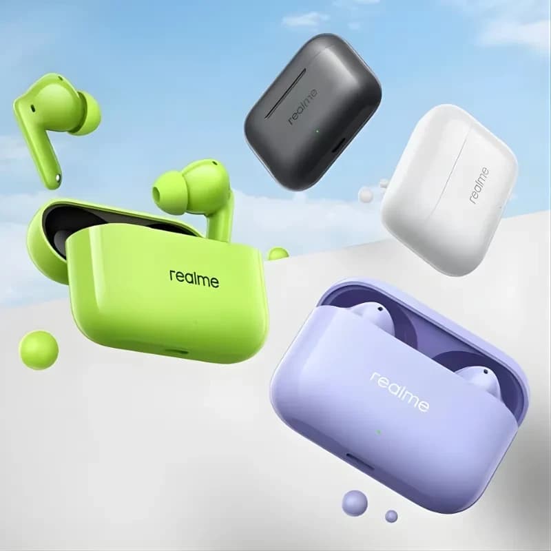 Realme Buds T200 ANC Púrpura: estuche lila con indicador LED y earbuds in-ear, diseño compacto y suave. También visibles variantes verde, blanco y negro.