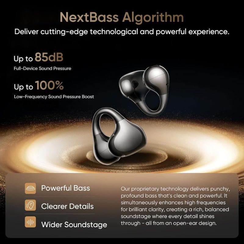 Auriculares Realme Buds OpenWear Clip negros con diseño abierto y forma triangular, acabado metálico, graves potentes, detalles claros y escena sonora amplia