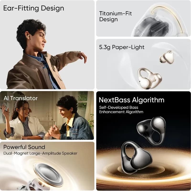Realme Buds OpenWear Clip dorado con diseño Titanium Fit, clip auricular ligero y resistente, puente de aleación de titanio y forma ergonómica para ajuste