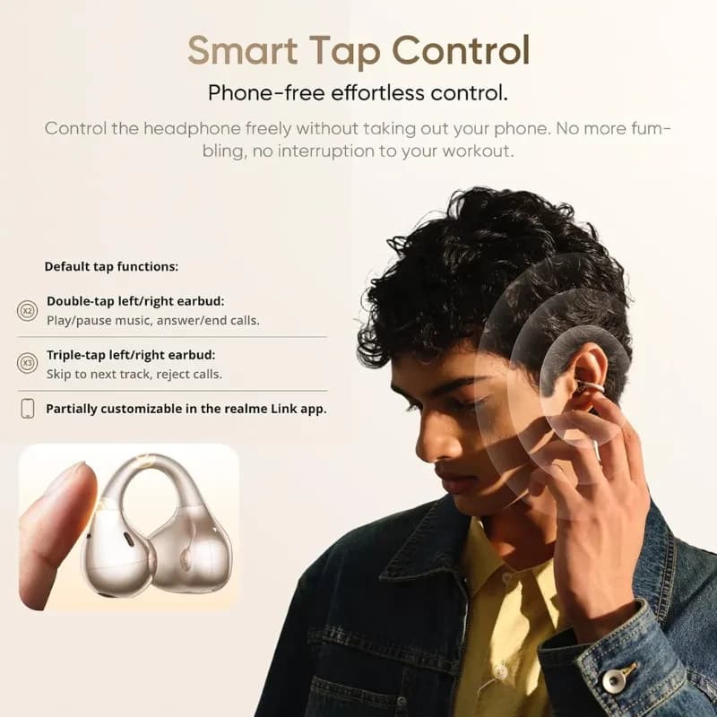 Realme Buds OpenWear Clip dorado con diseño abierto tipo clip, control táctil inteligente y micrófonos para reducción de ruido con IA, Bluetooth