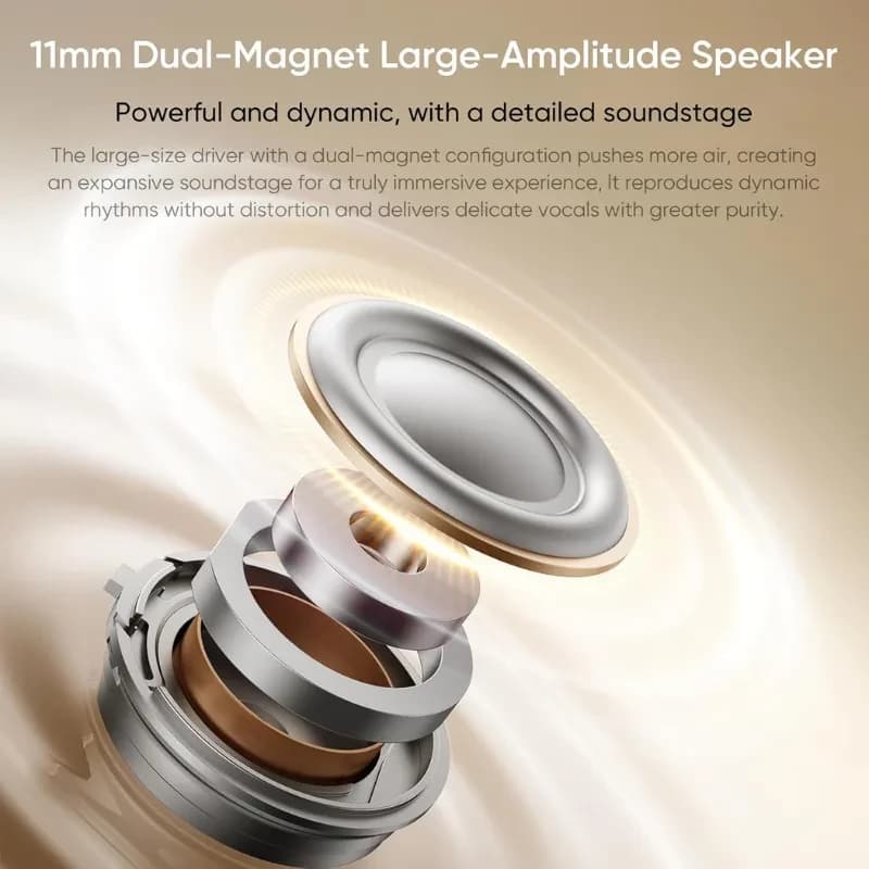 Altavoz de 11 mm con doble imán y gran amplitud, diseño metálico en capas, graves potentes y voces nítidas. Compatible con Realme buds OpenWear Clip dorado