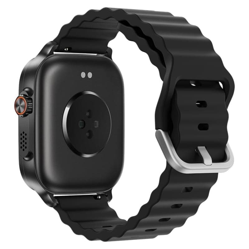Realme Watch 5 Negro con correa ondulada de silicona, hebilla metálica y sensores traseros; diseño robusto, NFC y batería hasta 16 días