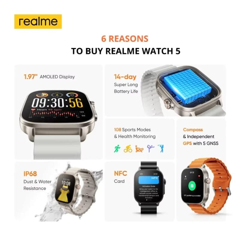 Realme Watch 5 negro con pantalla AMOLED 1.97, correa de silicona, IP68, NFC, GPS con 5 GNSS, modos deportivos y batería de hasta 16 días