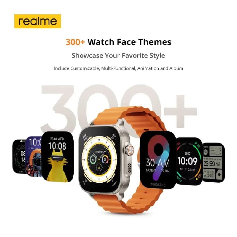 Realme Watch 5 Negro con correa naranja, pantalla grande a color y más de 300 watch faces, bordes metálicos y diseño deportivo con NFC y 16 días de batería