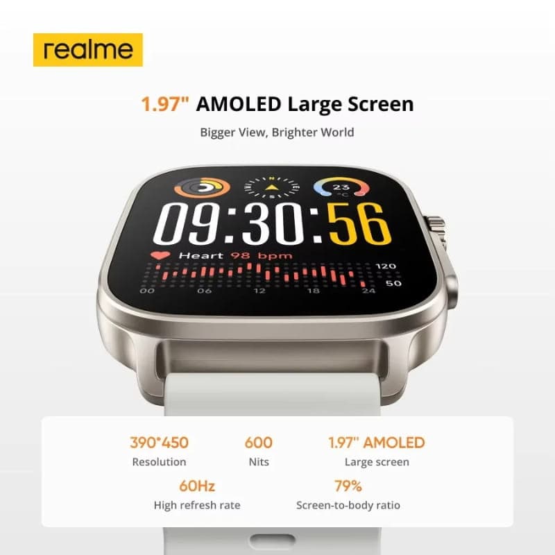 Realme Watch 5 Negro con pantalla AMOLED 1.97, bisel metálico, correa clara, brillo 600 nits, 60 Hz, resolución 390x450, indicador de pulso y notificaciones