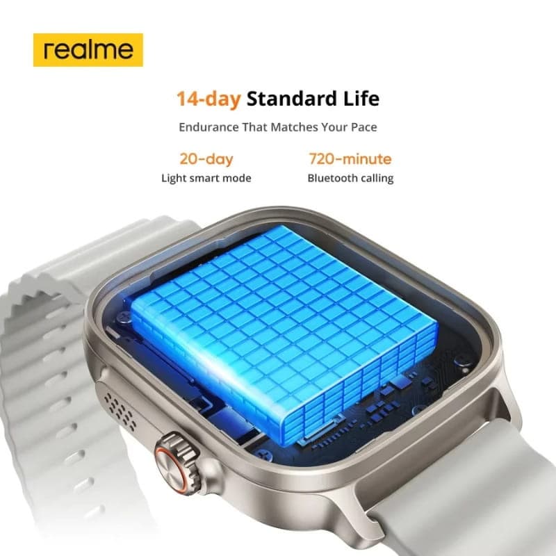 Realme Watch 5 Negro con caja metálica y correa gris, pantalla rectangular, batería destacada hasta 16 días, botón lateral naranja y NFC