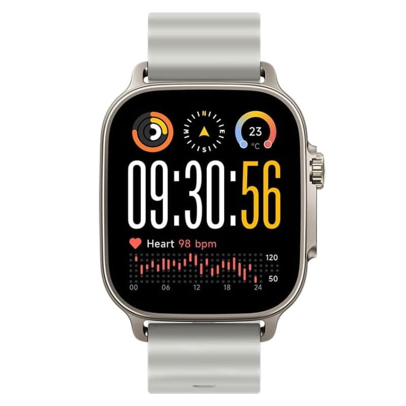 Realme Watch 5 Plata con pantalla AMOLED 1.97, correa blanca, bisel metalizado y botones laterales; destaca IP68, GPS independiente y NFC en diseño robusto