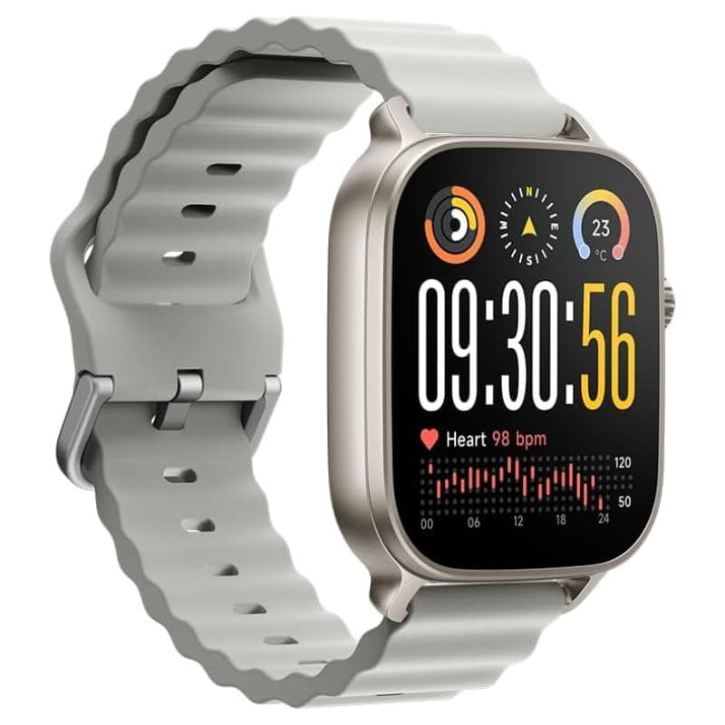 Realme Watch 5 Plata con correa naranja, pantalla cuadrada grande, marco metálico, botones laterales y múltiples esferas coloridas personalizables