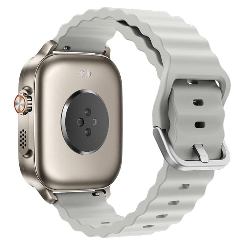 Realme Watch 5 Plata con pantalla AMOLED 1.97 pulgadas, bisel metálico, bordes redondeados y correa blanca; indicadores de salud y tiempo en pantalla brillante