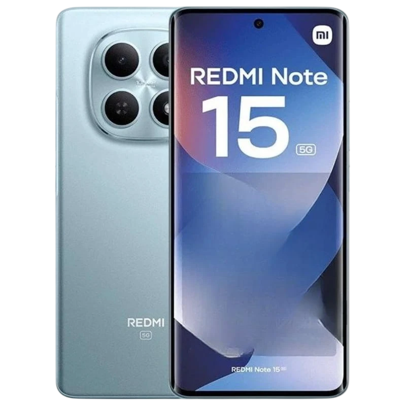 Xiaomi Redmi Note 15 5G 8GB 256GB Azul com tela ampla de bordas finas, furo central para câmera frontal e módulo traseiro com duas câmeras grandes - Item