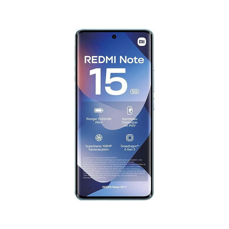 Xiaomi Redmi Note 15 5G 8GB/256GB Azul con pantalla casi sin bordes y cámara frontal en agujero; módulo trasero dual circular y acabado mate elegante - Ítem1