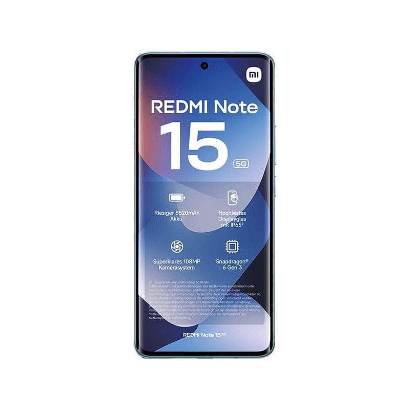 Xiaomi Redmi Note 15 5G 8GB/256GB Azul con pantalla perforada central, bordes delgados, frontal azul degradado y cámara frontal en orificio centrado