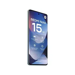 Xiaomi Redmi Note 15 5G azul con pantalla sin marcos y cámara frontal en orificio central; bordes curvos, acabado metálico y diseño elegante en tonos azules