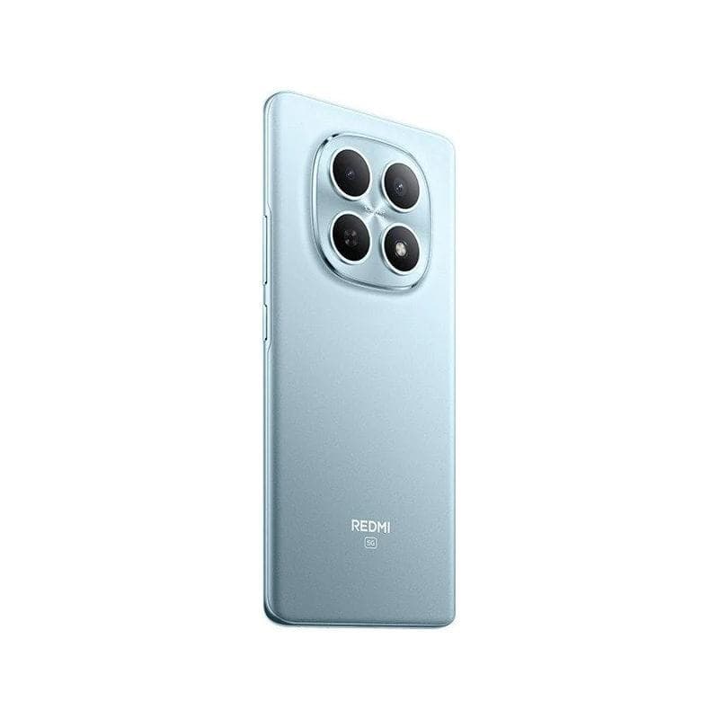 Xiaomi Redmi Note 15 5G azul con tapa trasera mate y módulo de cámara cuadrado con cuatro lentes grandes y flash, bordes curvos y logo Redmi en la base