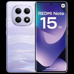 Xiaomi Redmi Note 15 5G púrpura con pantalla curva perforada, marco delgado y módulo de cámara triple circular; 8 GB RAM y 256 GB de almacenamiento