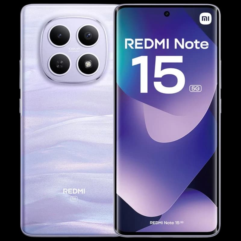 Xiaomi Redmi Note 15 5G púrpura con pantalla curva perforada, marco delgado y módulo de cámara triple circular; 8 GB RAM y 512 GB de almacenamiento