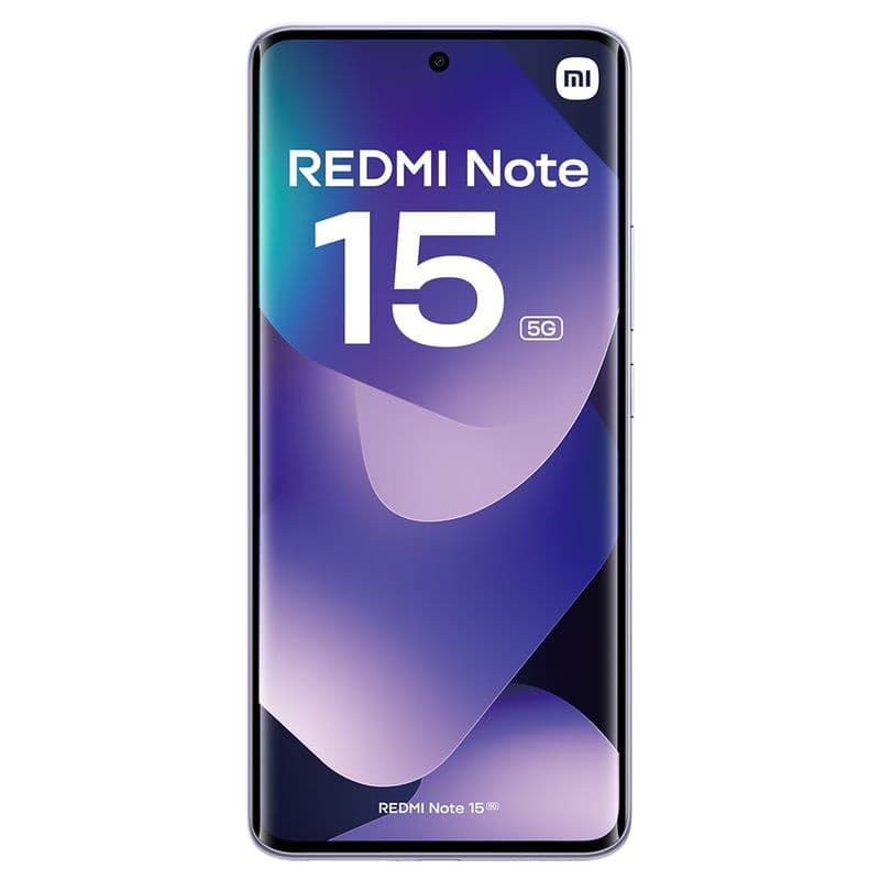 Xiaomi Redmi Note 15 5G púrpura, frontal con pantalla perforada centrada, bordes curvos y marco delgado. Texto Redmi Note 15 5G visible en la pantalla.
