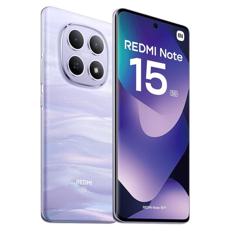 Xiaomi Redmi Note 15 5G 8GB/512GB Púrpura con pantalla perforada, bordes finos, acabado nacarado y módulo triple de cámara trasera circular con flash