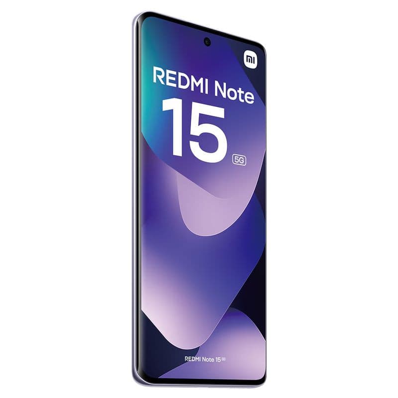 Xiaomi Redmi Note 15 5G 8GB/512GB púrpura con pantalla casi sin bordes, cámara frontal perforada centrada y diseño curvo brillante en tonos morados y