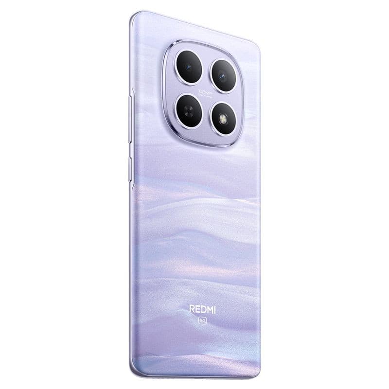 Xiaomi Redmi Note 15 5G 8GB/512GB Púrpura con acabado iridiscente y módulo trasero triple en isla redondeada; bordes curvos y logo Redmi en la parte baja