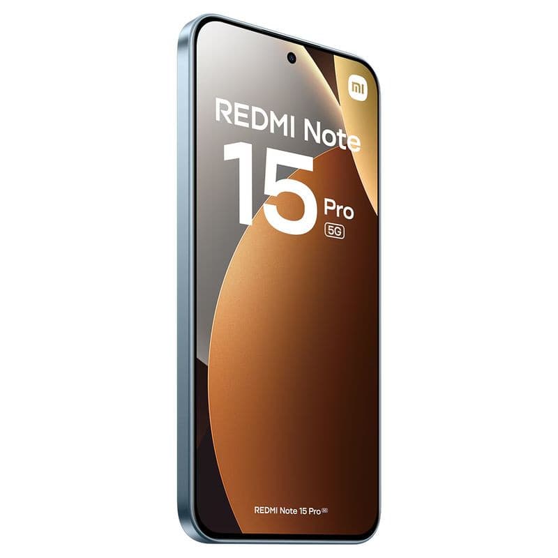 Xiaomi Redmi Note 15 Pro 5G azul com tela AMOLED 1,5K, bordas finas, furo central para câmera frontal e laterais metálicas; design elegante e moderno
