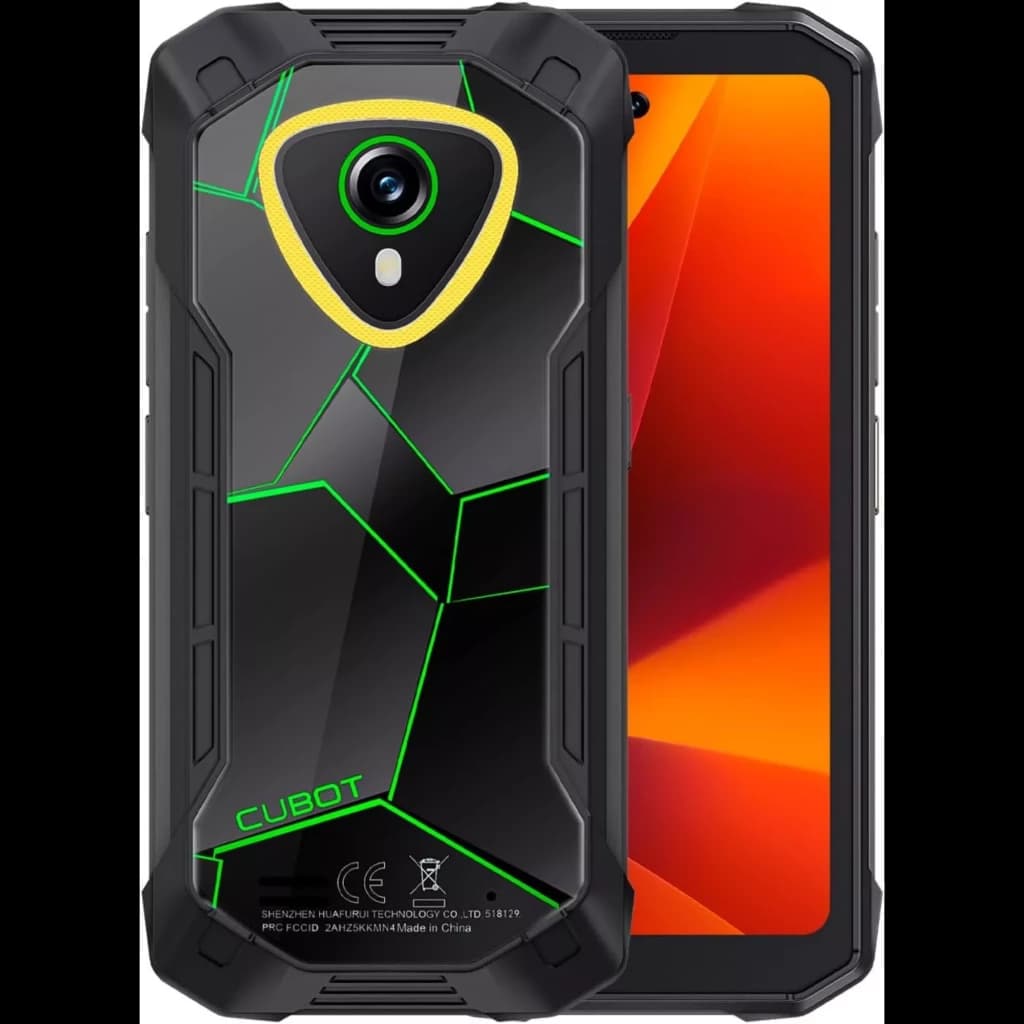Smartphone robuste noir-vert, coque anguleuse antichoc, accents verts hexagonaux, grand module photo arrière, écran lumineux bord fin, look outdoor