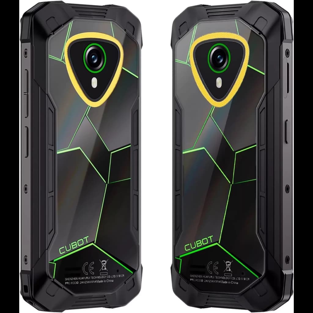Dos de smartphone robuste noir vert Cubot KingKong Mini 4 avec motif géométrique vert, double module photo circulaire entouré de jaune, coques renforcées