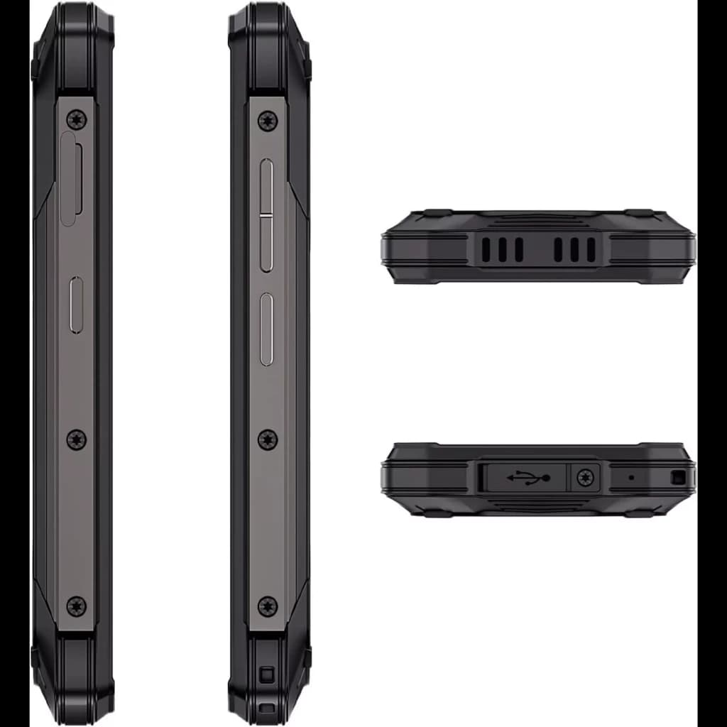 Bords latéraux du Cubot KingKong Mini 4 noir-vert avec vis apparentes, boutons volume et alimentation, ports USB protégés et grilles robustes anti-chocs