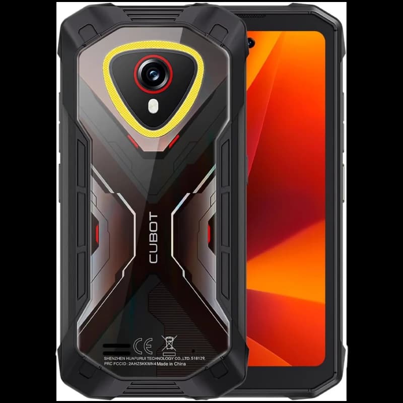 Smartphone rugerizado negro-gris con carcasa robusta, cámara trasera circular con detalles rojos y amarillos, pantalla compacta y diseño X transparente