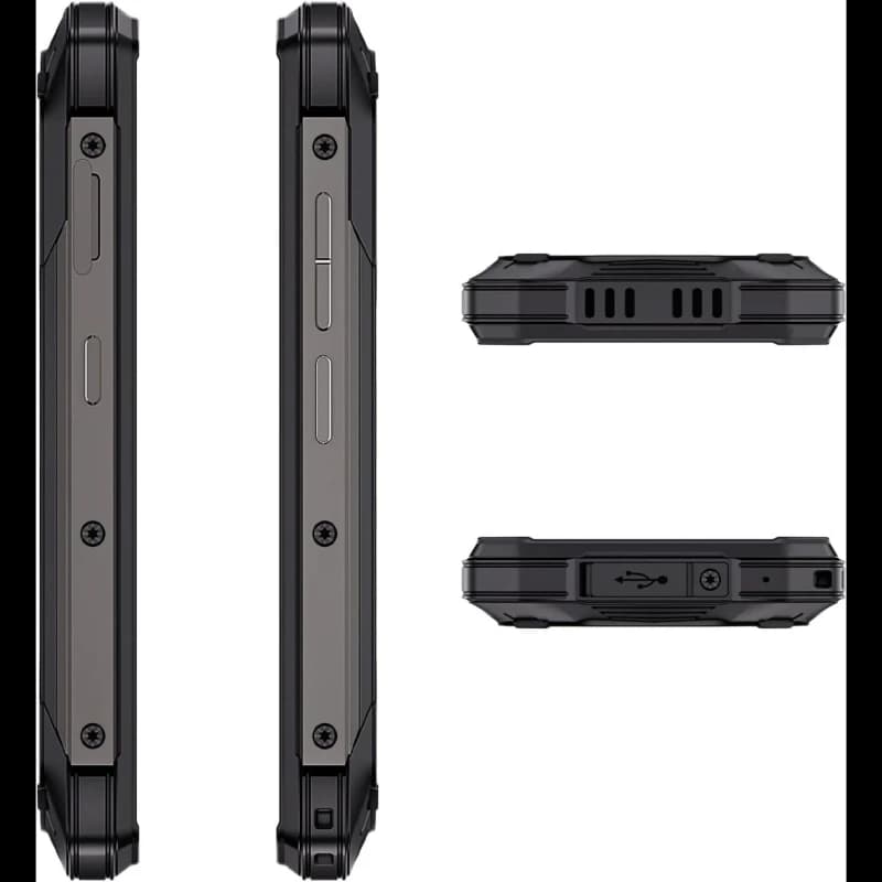 Profil latéral du Cubot KingKong Mini 4 robuste noir-gris, châssis renforcé avec vis apparentes, boutons latéraux, ports protégés et grilles de