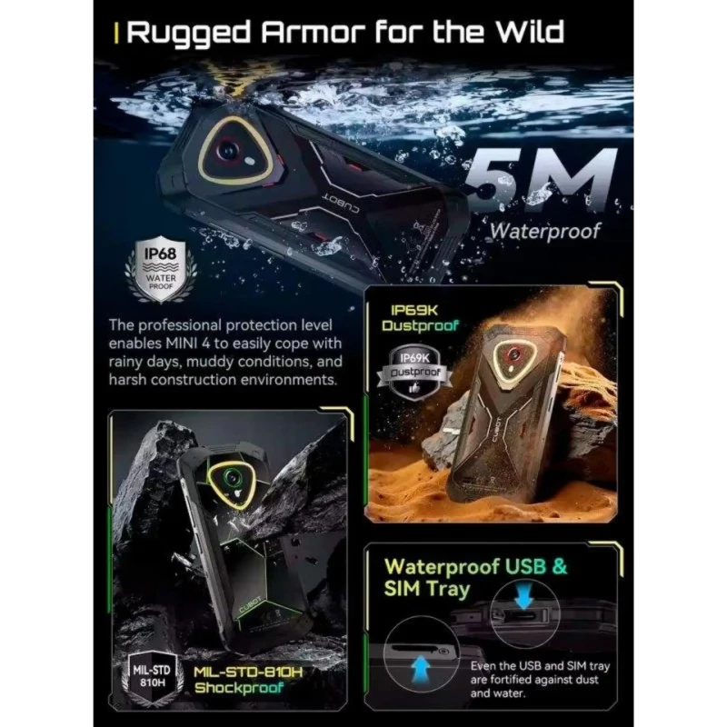 Cubot KingKong Mini 4 noir-vert robuste, coque angulaire antichoc, accents verts géométriques, écran 4,7 pouces lumineux, module photo arrière 48 MPx - Ítem4