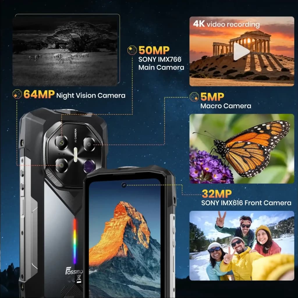 Fossibot F113 gris robuste 12 Go RAM 256 Go, caméras 64 MP vision nocturne, 50 MP Sony IMX766, macro 5 MP, selfie 32 MP, vidéo 4K, écran anti-choc