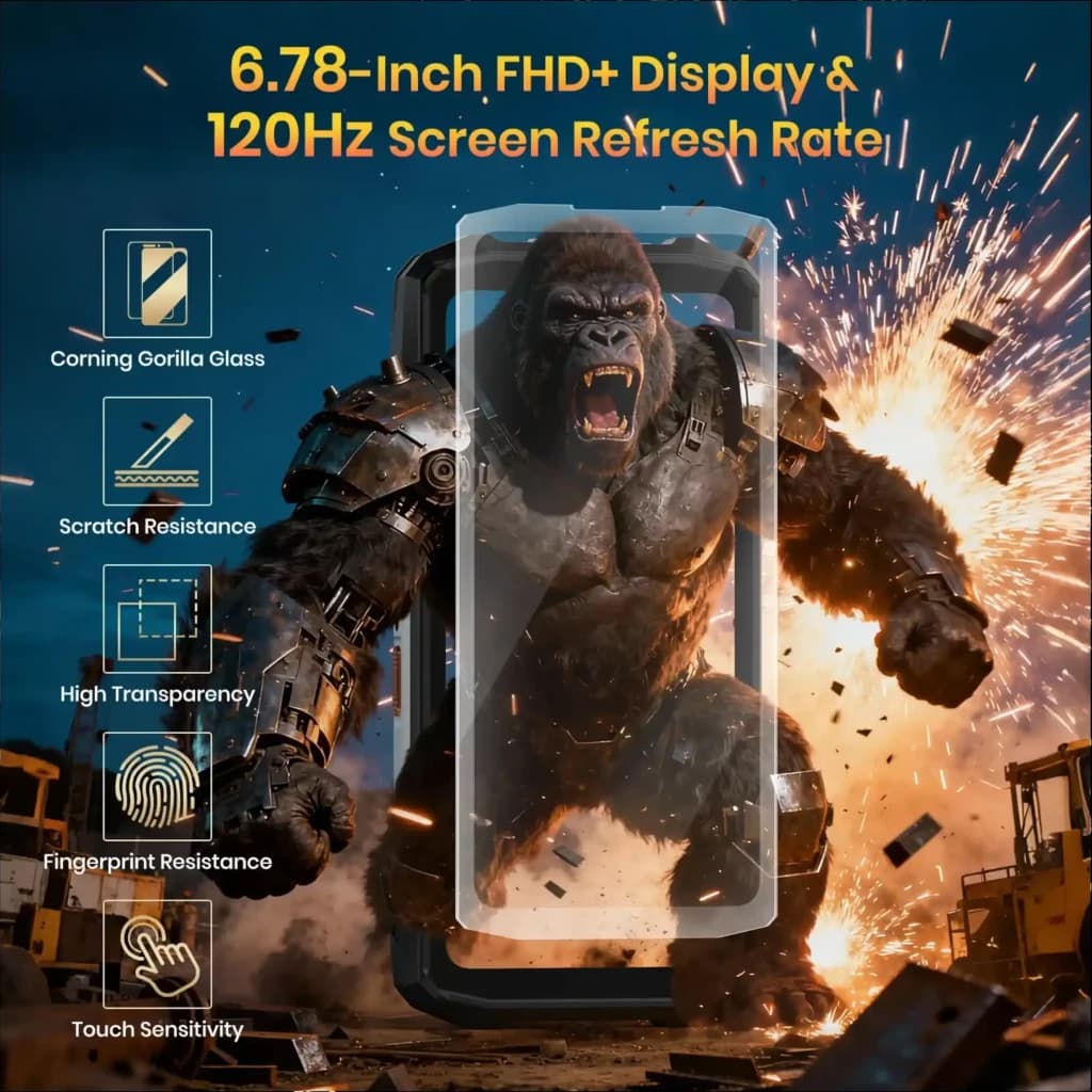 Fossibot F113 256 Go Gris robuste avec écran 6,78 FHD+ 120 Hz, verre Corning Gorilla, anti-rayures, haute transparence, anti-empreintes, toucher sensible