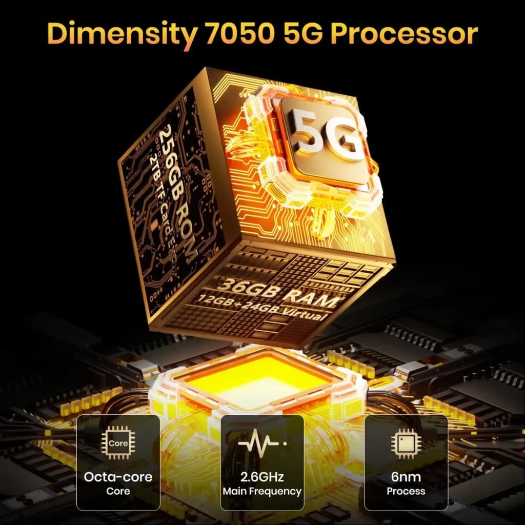 Fossibot F113 gris robuste avec puce Dimensity 7050 5G, 12 Go RAM, 256 Go stockage, processeur octa core 2,6 GHz gravé en 6 nm, accent doré futuriste