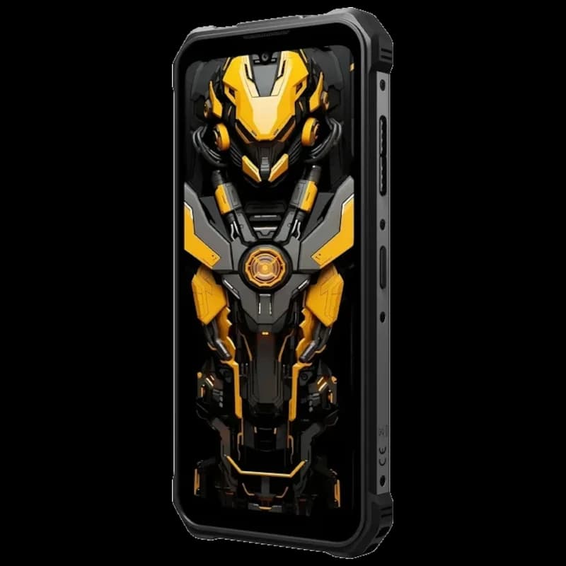 Fossibot F110L 128GB Negro, teléfono rugerizado con marco robusto, botones laterales y diseño frontal negro y amarillo tipo mecánico; altavoz 128 dB, 4GB RAM