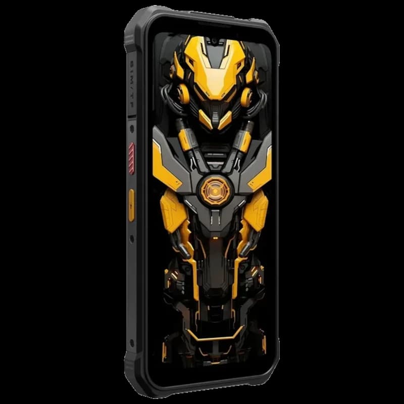 Fossibot F110L negro, smartphone rugerizado con borde reforzado, pantalla con diseño futurista amarillo y negro, botones laterales y puertos protegidos
