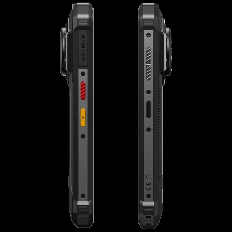 Fossibot F110L negro robusto con ranura SIM/TF, botones laterales texturizados, altavoz 128 dB, 128GB y 4GB RAM; diseño resistente con bordes reforzados