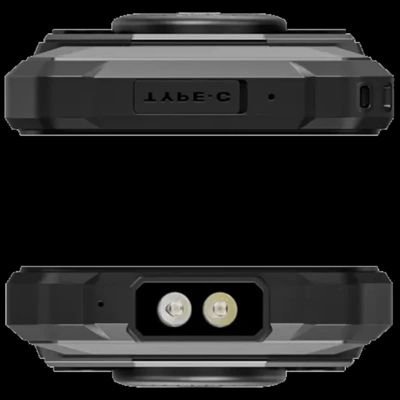 Fossibot F110L negro robusto con puerto USB‑C sellado y doble LED frontal; diseño rugerizado, bordes reforzados, 128GB y 4GB RAM, altavoz hasta 128 dB