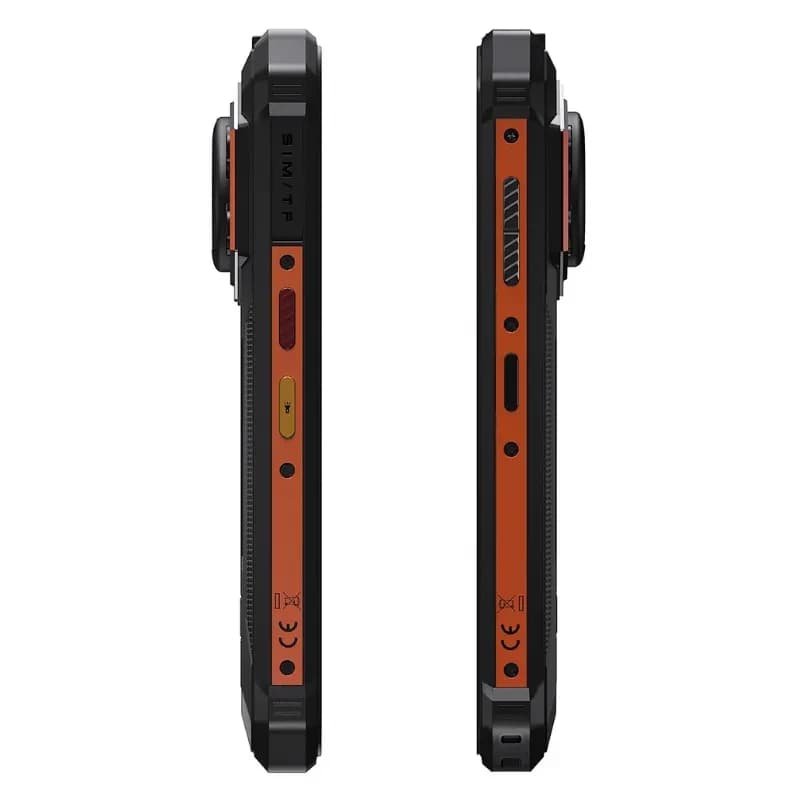 Vue latérale des deux côtés du Fossibot F110L de couleur orange, on distingue le bouton d'alimentation, le contrôle du volume et la touche spéciale