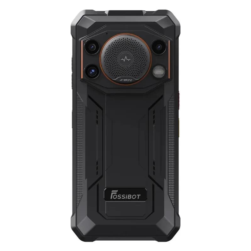 Vue arrière du Fossibot F110L noir avec des détails orange, on peut voir les caméras, le haut-parleur et le logo de la marque