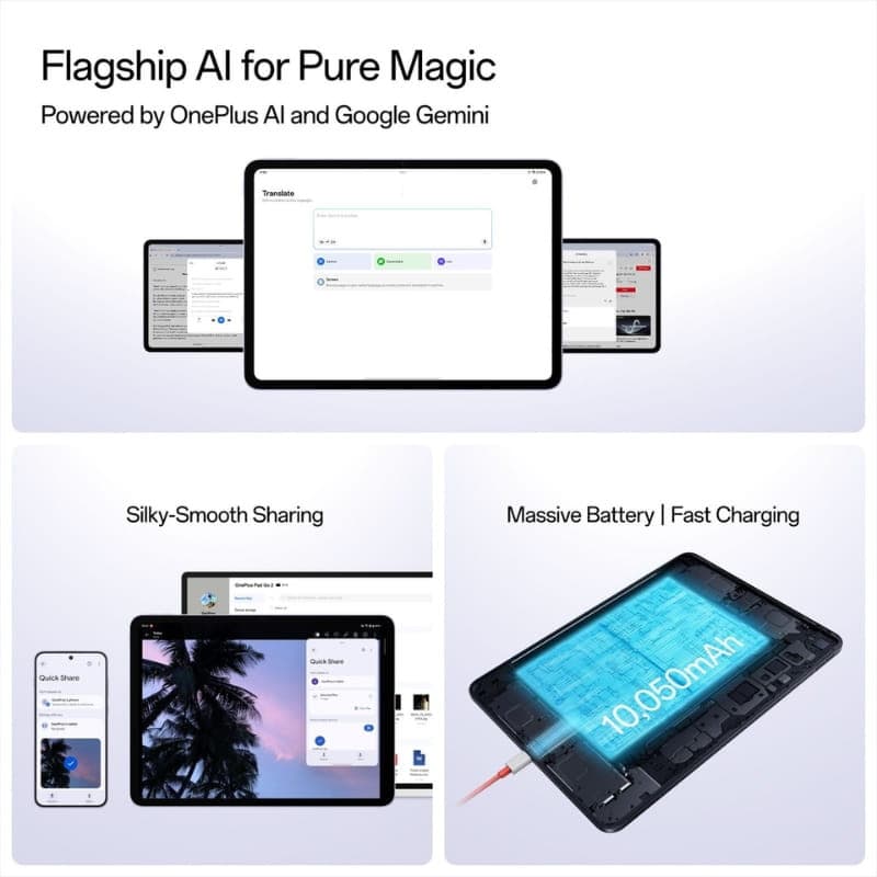 Tablet Oneplus Pad Go 2 12,1 pulgadas en color negro con pantalla amplia, marcos finos y cámara frontal centrada; diseño delgado y moderno de 8GB/128GB WiFi