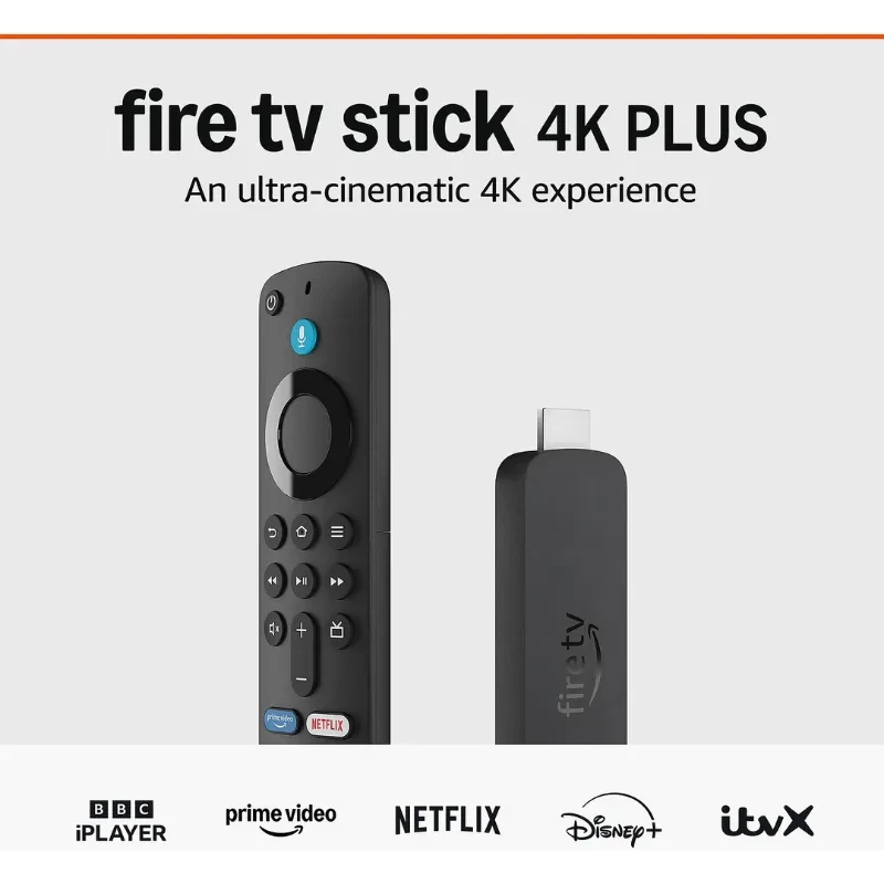 Dongle Fire TV Stick 4K Plus noir compact, télécommande vocale Alexa avec boutons dédiés, emballage orange, mention 8 Go et WiFi 6 en évidence - Ítem1