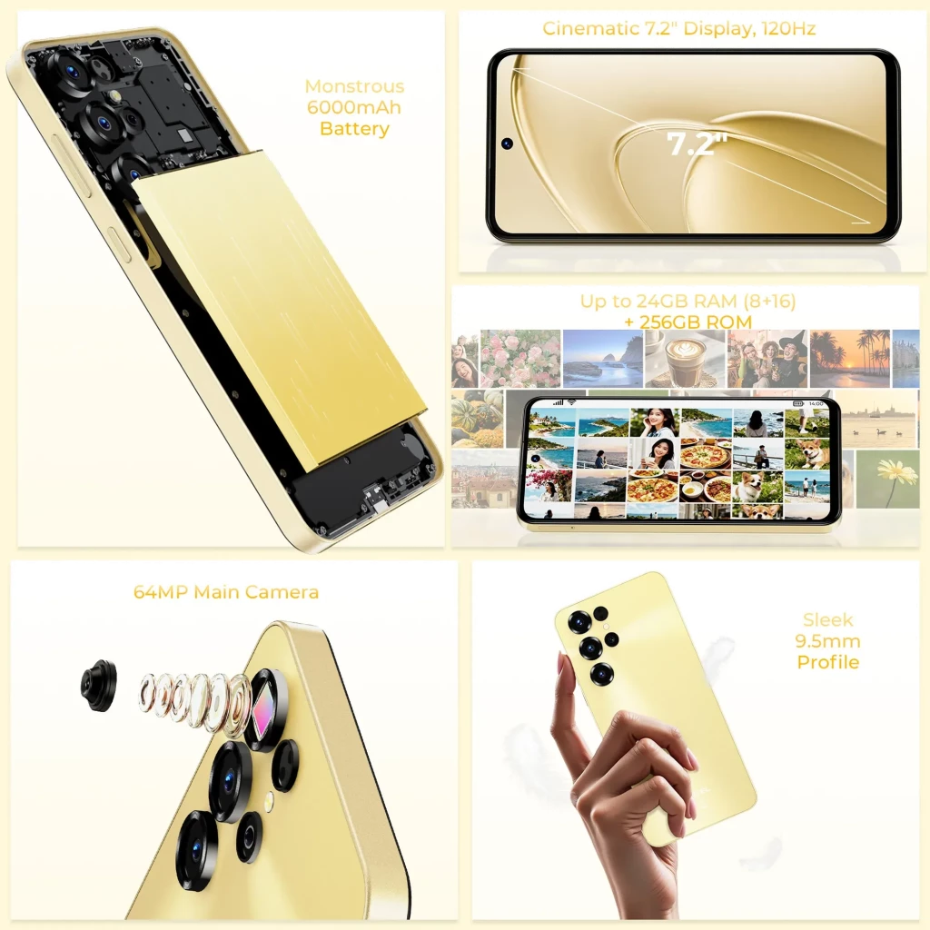 Oukitel C68 azul con pantalla 7.2 pulgadas perforada, marcos finos y tasa de 120 Hz; triple cámara trasera con lentes grandes y flash, acabado brillante - Ítem1