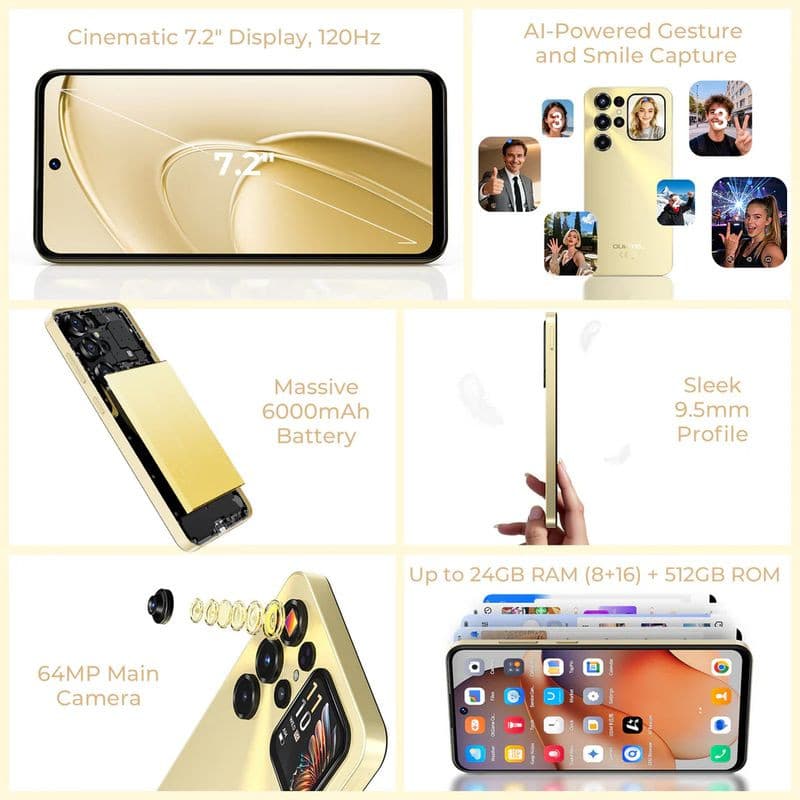 Detalhes do smartphone com ecrã de 7,2 polegadas e bateria de 6000 mAh
