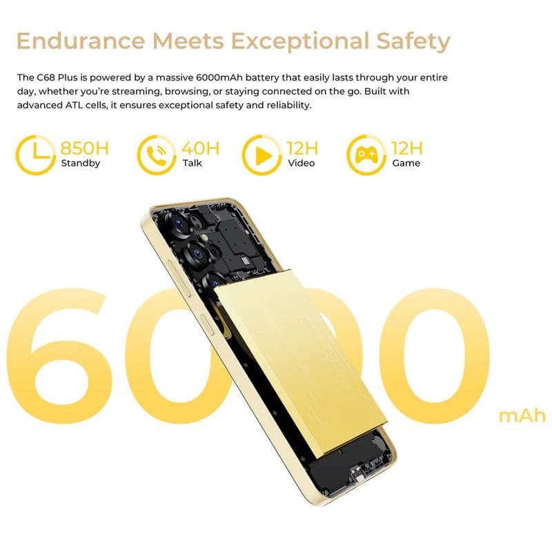 Oukitel C68 Plus dourado com ecrã traseiro para selfies, módulo de câmaras múltiplas com sensor principal de 64 MP e design elegante, 128 GB e 4 GB RAM