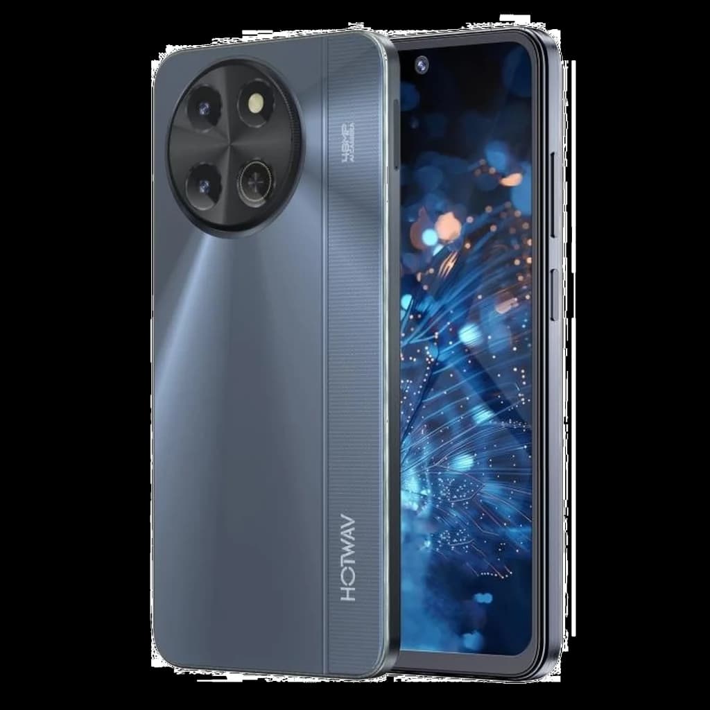 Hotwav Note 18 Pro preto com módulo de câmara circular triplo, ecrã HD+ 7,2 com orifício central, laterais metálicas e acabamento brilhante estriado